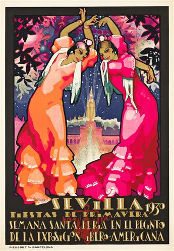 JUAN DAPENA PARRILLA (DATES UNKNOWN). SEVILLA / FIESTAS DE PRIMAVERA. 1929. 39x27¼ inches, 99x69¼ cm. Rieusset, Barcelona.                       